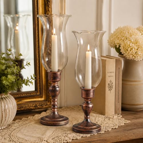 Volens Set of 2 Hurricane Glass Candle Holders with Iron Base & Glass Dome - color: Bronze