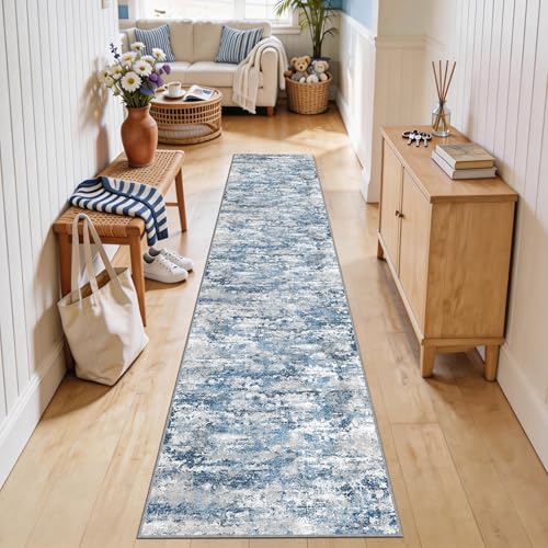 Modern Hallway Runner Rug 2x10, Textured Non Slip Carpet Runner, Ocean Blue - color: Abstract- Ocean Blue, size: 2' x 10' (Runner)