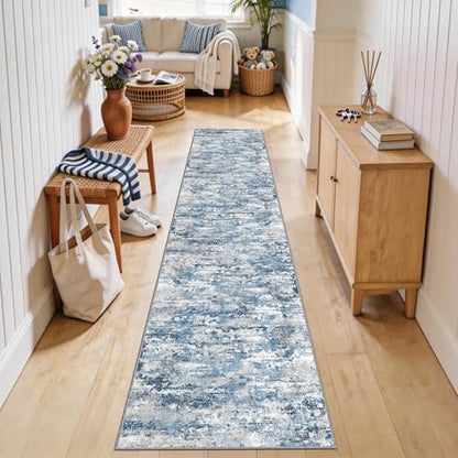 Modern Hallway Runner Rug 2x10, Textured Non Slip Carpet Runner, Ocean Blue - color: Abstract- Ocean Blue, size: 2' x 10' (Runner)