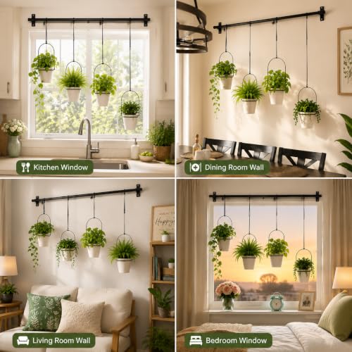 Adjustable Hanging Window Planter with 4 Pots, Space Saving Indoor Herb Garden Plant Hanger, Metal Vertical Plant Rack for Kitchen, Balcony & Home Deco41in-4 Flower pots - size: 41in-4 flower pots