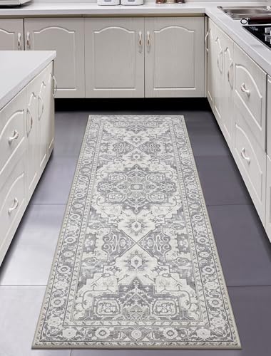 MaxRugrs Washable Runner Rug Non Slip Kitchen Rug Runners for Hallways,Stain Resistant Vintage Floor Carpet Runners for Entryway,Laundry Room,Bedroom-Beside Area Rugs(2'x6',Ivory Grey)