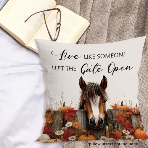 Fall Horse Daisy Floral Pumpkin Leaves Throw Pillow Covers 18x18 - color: Horse-02