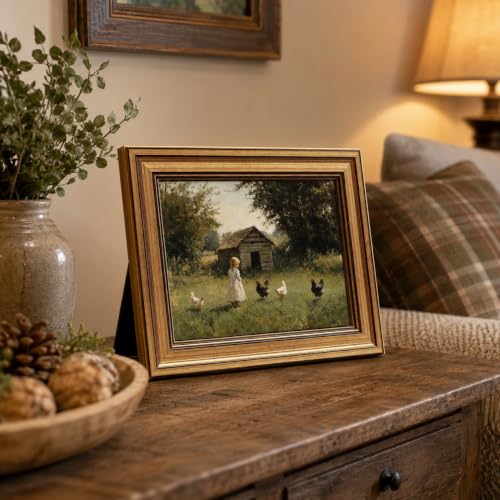 Devunaty Gold Framed Country Canvas Wall Art, Vintage Farm Girl with Chickens Poster Print, Rustic Landscape Painting Picture, Pastoral Farmhouse Artwork Wall Decor for Bedroom Nursery Bathroom 9x11in - color: Girl Chickens, size: 11"L x 9"W