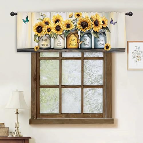 Miyotaa Farmhouse Sunflower Rustic Kitchen Curtain Valance 54W x 18H Rod Pocket Country Rural Quotes Inspirational Positive Window Treatment for Living Room Bedroom Bathroom - color: Yellow Sunflower Quotes, size: 54"W x 18"L (Pack of 1)