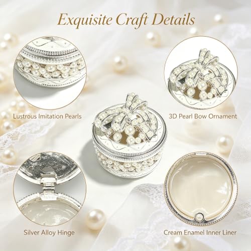 Metal Enamel Pearl Bow Jewelry Box Mini Trinket Storage Gift for Jewelry - color: Round