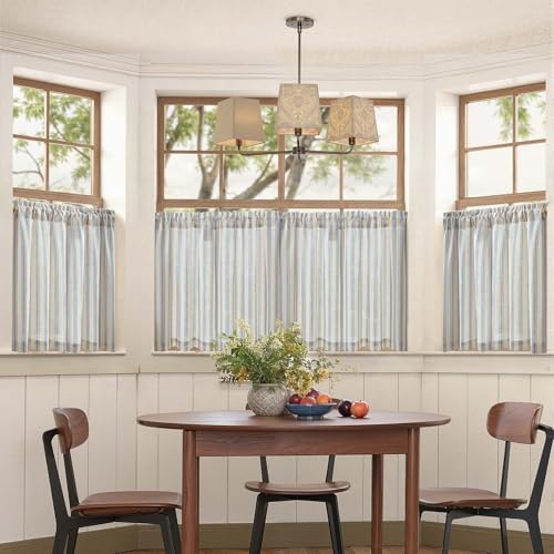 jinchan Linen Striped Tier Curtains for Kitchen Windows Farmhouse - color: Striped Blue | on Beige, size: 26"W x 24"L (Pack of 2)