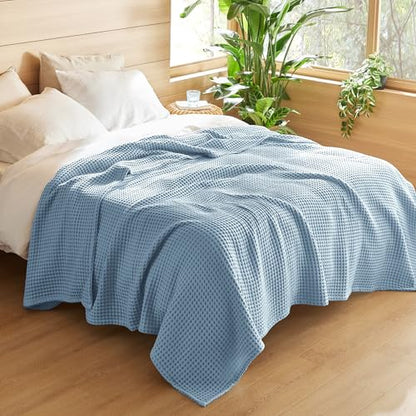Bedsure Lightweight 100% Cotton Waffle Blanket, Twin XL, Celestial Blue - color: Celestial Blue, size: Twin Xl (66" X 90")