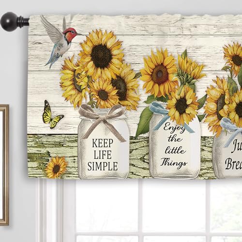 Miyotaa Rustic Farmhouse Sunflower Kitchen Curtain Valance 54W x 18H Rod Pocket Coutry Quotes Inspirational Motivational Positive Wood Wooden Window Treatment for Living Room Bedroom Bathroom - color: White Wood Sunflower, size: 54"W x 18"L (Pack of 1)