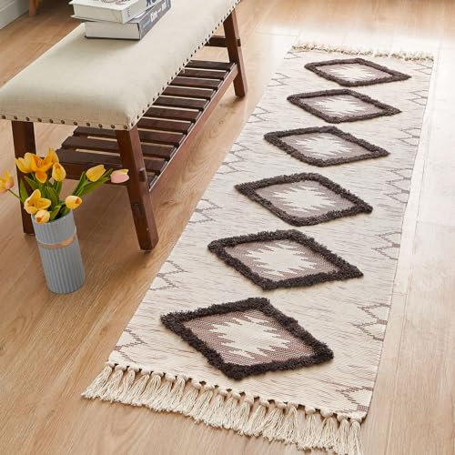 Boho Runner Rug 2'x6', Washable Hallway Rug Runner Non Slip Rubber Backed, Kitchen Farmhouse Area Rug Floor Mat with Tassels, Tufted Woven Cotton Entryway Carpet, Brown - color: Brown, size: 2' x 6' (Runner)