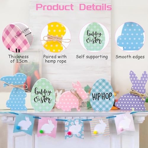 7Pcs Easter Decorations for Home - Wooden Bunny Eggs Tiered Tray Decor - Spring Easter Table Centerpieces Signs for Indoor Mantel Office - style: 7 PCS Bunny Egg