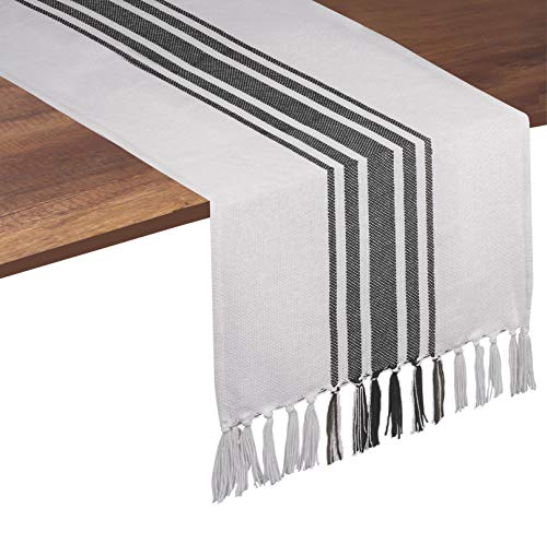 Native Fab Gray Table Runner 90 Inches Long - Boho Striped Table Cover with Fringes - 100% Cotton, Soft, Tight Weave, Non Slip Tablerunner for Dining, Dresser, Wedding - Grey and White (14x90 inches) - color: Gray White, size: 14x90