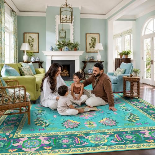 6x9 Vintage Botanical Turquoise Pink Oriental Washable Area Rug Living Room - color: Turquoise/Teal/Peony Pink/Yellow, size: 6' x 9' (Rectangular)
