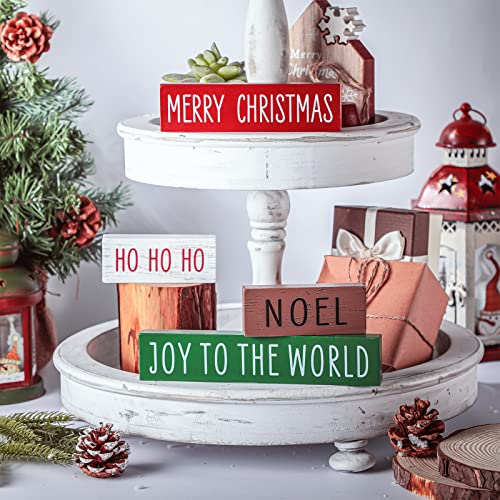 Blulu 4 Pieces Christmas Wooden Block Sign Red White Green Brown Table Centerpieces Farmhouse Tabletop Christmas Ornaments for Home Shelf Mantel Fireplace Table Windowsill Decor