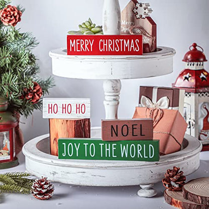 Blulu 4 Pieces Christmas Wooden Block Sign Red White Green Brown Table Centerpieces Farmhouse Tabletop Christmas Ornaments for Home Shelf Mantel Fireplace Table Windowsill Decor