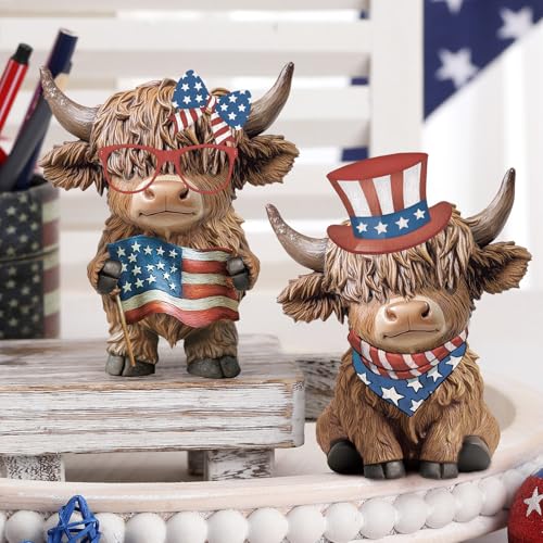 Karenhi 2 Pcs 4th of July Highland Cow Figurines Resin Tabletop Decor - style: 4th of July
