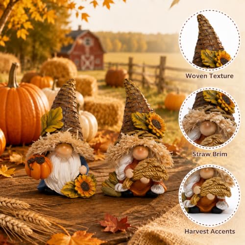 Hodao Thanksgiving Decor Harvest Elf Figurines with Pumpkin Sunflower - color: Brown-2 Pcs