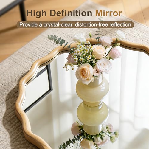 AMOISE Round Wavy Wall Mirror, 28" Circle Boho Scalloped Mirror - size: 28"L x 28"W