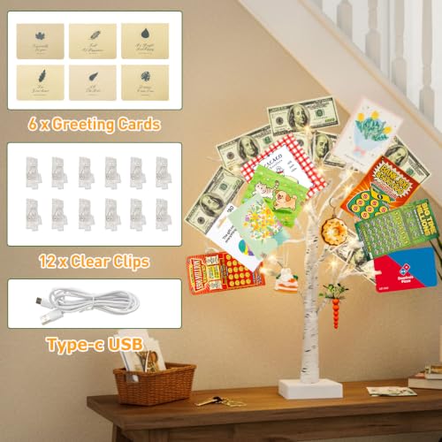PEIDUO Set of 2 Money Trees, Lighted 22Inch 24LT White Birth Tree with Clips and Greeting Cards, Gift Card Holder for Birthday,Christmas, Wedding, Father's Day Graduation Gifts, Money Tree Gift Holder - color: Transparent,white