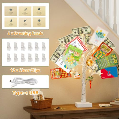 PEIDUO Set of 2 Money Trees, Lighted 22Inch 24LT White Birth Tree with Clips and Greeting Cards, Gift Card Holder for Birthday,Christmas, Wedding, Father's Day Graduation Gifts, Money Tree Gift Holder - color: Transparent,white