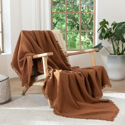 MooMee 100% Cotton Muslin Blanket Fringed 4-Layer Gauze Bed Throw, King - color: Drak Orange, size: King