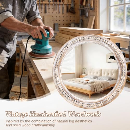 27 Inch Wooden Round Beaded Wall Mirror,Farmhouse Wood Round Mirror - color: Natural