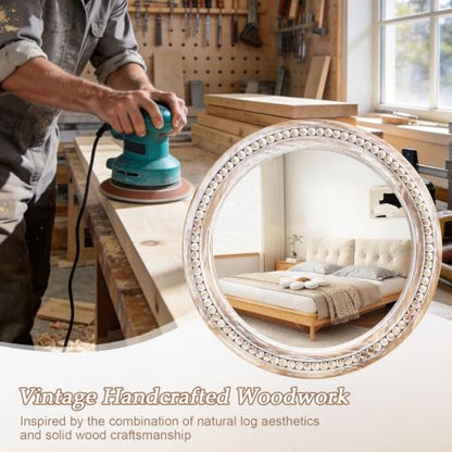 27 Inch Wooden Round Beaded Wall Mirror,Farmhouse Wood Round Mirror - color: Natural