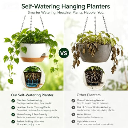2 Pack 12 Inch Self‑Watering Hanging Planters Plant Pots, White‑Brown - color: White Brown