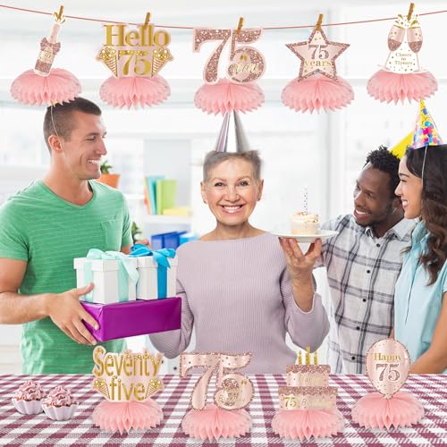 Turypaty Happy 75th Birthday Honeycomb Table Centerpieces Decorations Women - style: Pink Rose Gold 75th