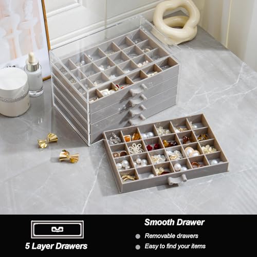 YUFONG Earring Storage Box Organizer 5 Drawers with 120 Small Compartments - color: Gray