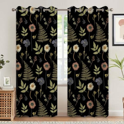 Dark Floral & Botanical Fern Blackout Curtains for Bedroom 84 Inches Long - color: Dark Floral