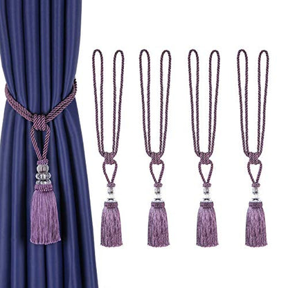BEL AVENIR 4 Pack Curtain Tiebacks Hand-Woven Holdbacks Tassels Tiebacks - color: Purple, size: 4 Pack