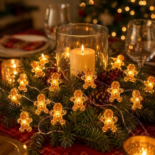 30 LED Gingerbread String Lights 10 ft, Battery Operated Warm White Christmas Fairy Lights, Indoor Hanging Lights for Tree, Window, Mantel Decor - color: Gingerbread
