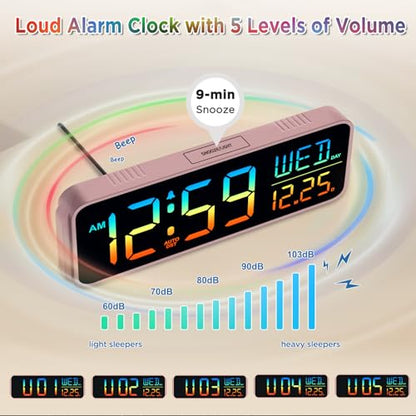 Peakeep Large Display Digital Alarm Clock for Bedroom with Date Day of Week - color: Rose Gold With Colorful (Plug-in Ac Powered)