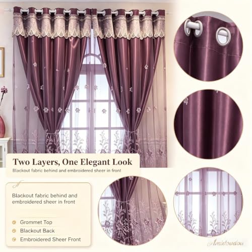 Amidoudou 1 Pair European Double Layer Curtains for Living Room Bedroom Luxury Flower Embroidered Curtains with Valance (Purple,54x102 Inch) - color: Purple, size: 54"W x 102"L (Pack of 2)