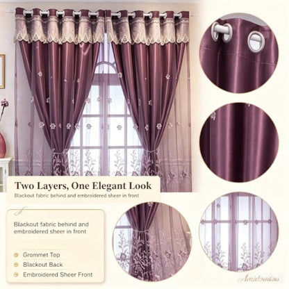 Amidoudou 1 Pair European Double Layer Curtains for Living Room Bedroom Luxury Flower Embroidered Curtains with Valance (Purple,54x102 Inch) - color: Purple, size: 54"W x 102"L (Pack of 2)