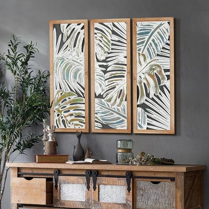 XIAOAIKA Boho Hand-Carved Tropical Leaf Wood Wall Art Panels, Set of 3 - color: STYLE I