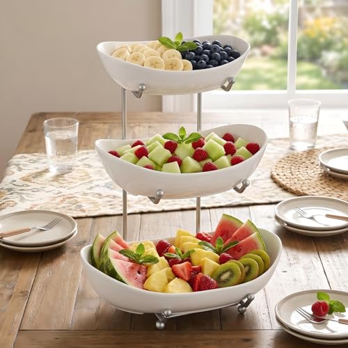 3 Tier Fruit Basket for Kitchen Counter, Silver/White Ceramic Fruit Bowl for Countertop, Home Fruit Rack with Holder, Vegetable Bowl Snacks Nuts Bread Candy Storage (White)