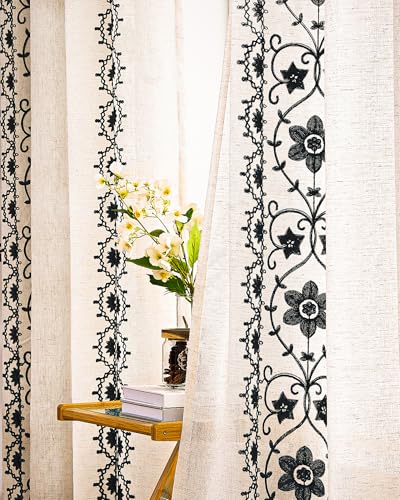 Black Boho Farmhouse Floral Linen Curtains 90 Inch Grommet 2 Panels - color: Black on Beige, size: 52"W x 90"L (Pack of 2)