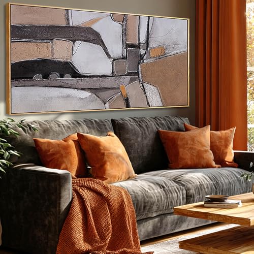 ZENPEE Abstract Geometric Wall Art in Brown and Beige, 24 x 48 Inch Horizontal Printed Canvas Wall Art with Natural Wood Frame for Modern Living Room - color: Brown & Beige, size: 48"L x 24"W