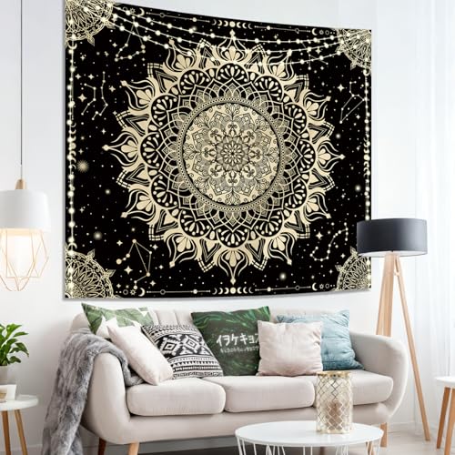 Apdidl Boho Mandala Tapestry for Bedroom, Black Hippie Ceiling Tapestries - color: Black Gold Mandala Tapestry, size: 60"L x 51"W