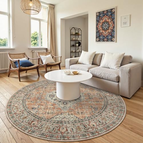 Lahome Oriental Washable Round Area Rug, Non-Slip Round Rugs 6ft Ultra-Thin - color: Terracotta, size: 6'(Round)