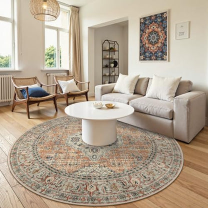 Lahome Oriental Washable Round Area Rug, Non-Slip Round Rugs 6ft Ultra-Thin - color: Terracotta, size: 6'(Round)