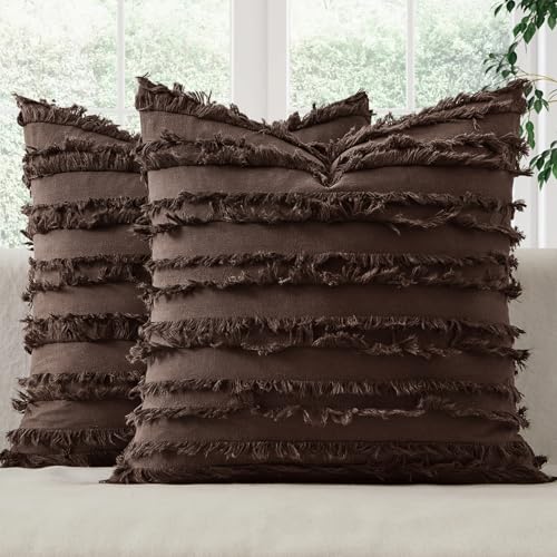 MIULEE Boho Linen Striped Throw Pillow Covers 18x18, Dark Brown - color: Dark Brown, size: 18" x 18" (Pack of 2)