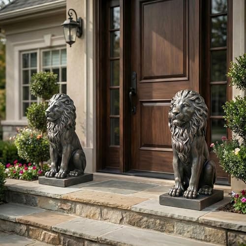 Lion Statue, Outdoor Garden Statues 27in Tall, Dark Gray - color: Dark Gray With Gold Accents
