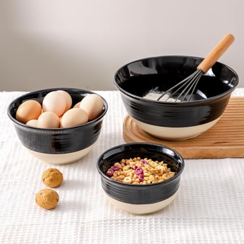 HASENSE Ceramic Mixing Bowls Set of 3, 84/40/20 Oz Black & Beige Stoneware Bowls, Farmhouse Bowls for Salad, Soup, Cooking Baking Serving Food, Nesting BowlsDishwasher & Microwave Safe - color: Black, size: 84+40+20 oz