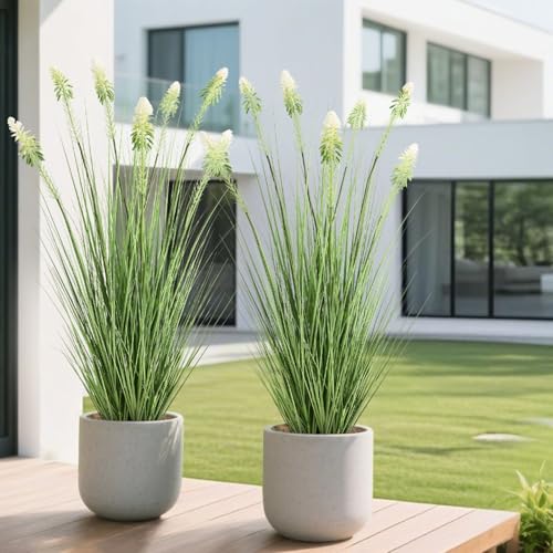 4ft 2-Pack Faux Horsetail Reed Grass with White Cockscomb Flower in Pot - color: White