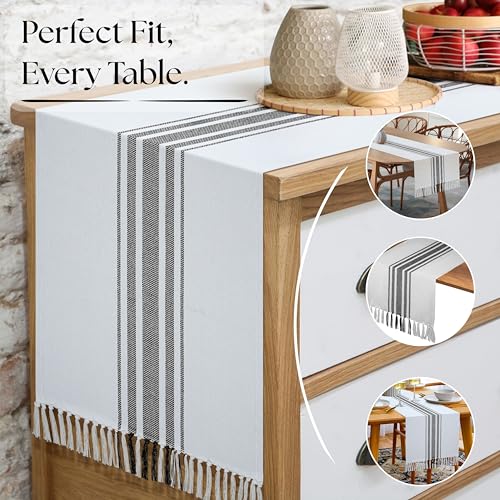 Native Fab Black Stripe Table Runner - 90 Inches Long Boho Table Covers with Fringes - 100% Cotton, Braided Weave, Non Slip Tablerunner for Dining Room, Dresser, Events, 14"x90" - Black and White - color: Black White, size: 14x90