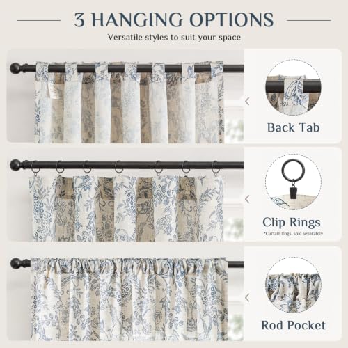 Lazzzy Extra Long Blue Floral Linen Curtains Farmhouse Rod Pocket 2 Panels - color: Blue on Beige, size: 50"W x 108"L (Pack of 2)