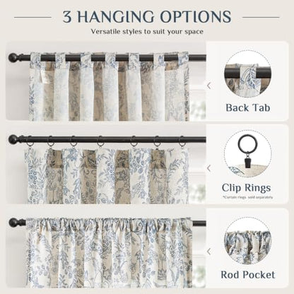 Lazzzy Extra Long Blue Floral Linen Curtains Farmhouse Rod Pocket 2 Panels - color: Blue on Beige, size: 50"W x 108"L (Pack of 2)