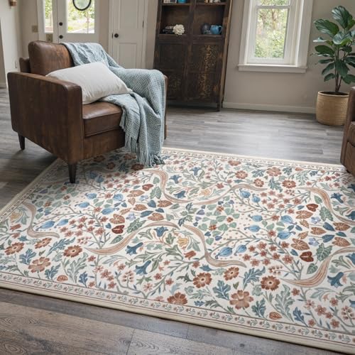 Lahome Beige Floral 3x5 Rug, Non-Slip Washable Area Rugs for Bedroom Dorm - color: Beige, size: 3' x 5'